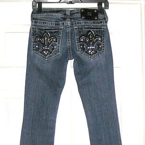MISS ME Signature Jeans Boot Cut Women's 25X33 JP5075 Fleur-De-Lis, Rhinestones